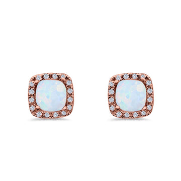 Halo Cushion Engagement Earrings Rose Tone, Lab Created White Opal 925 Sterling Silver